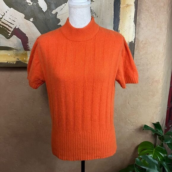 VINTAGE WOOL SHORT SLEEVE MOCK TURTLENECK NINA CHARLES KASPER ORANGE SWEATER L - Picture 10 of 13